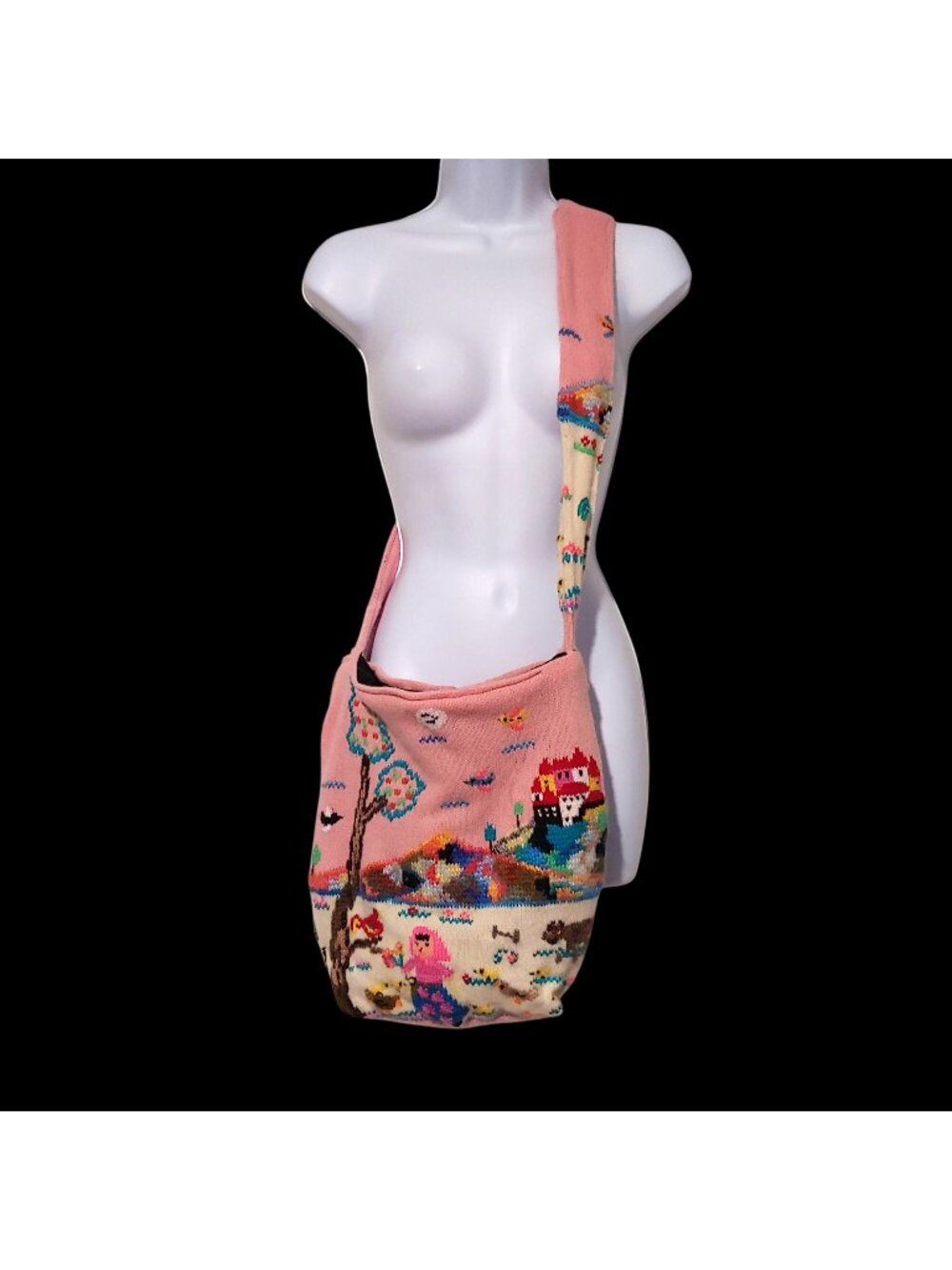 Handmade Knit Crossbody Bag Boho Cottagecore Whimsical Folk Art Cute Novelty